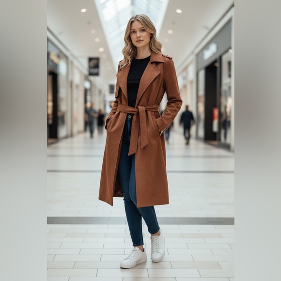 T Tahari Jackets & Blazers - T Tahari Brown Amber Faux Leather Coat Open Front Long Belted Layering M
